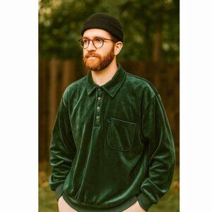 Vintage Haband Velour Long Sleeve Polo Retro 70s 80s Lounge Collared Button Up